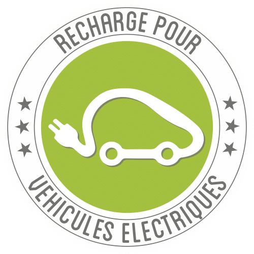 Logo circulaire pour la "RECHARGE POUR VEHICULES ELECTRIQUES". Il montre un pictogramme blanc stylisé d'une voiture avec une prise électrique connectée.